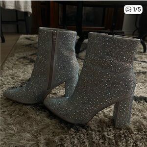 Steve Madden Silver Crystal-Embellished Block Heel Ankle Boots